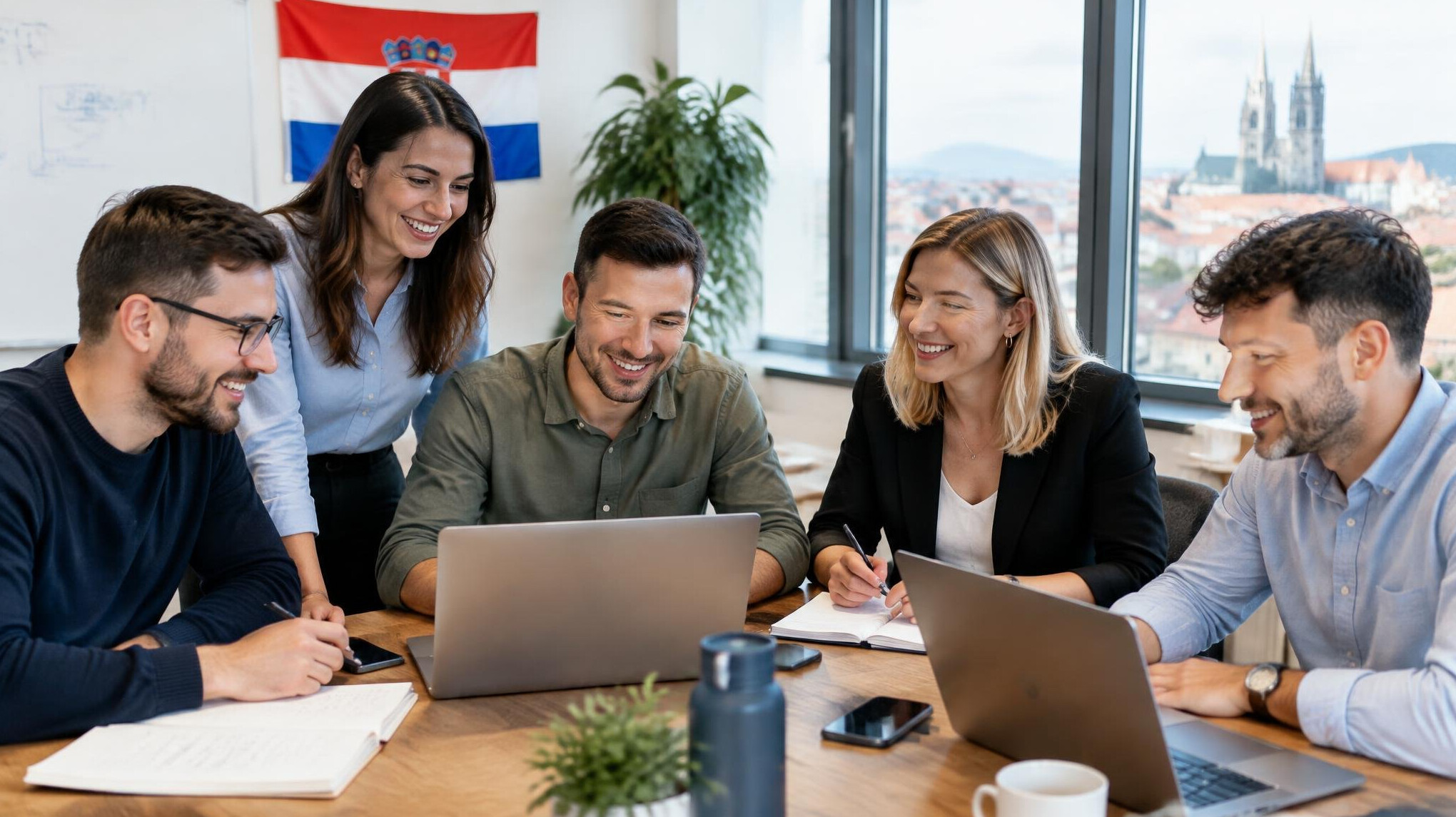 Team discussing at a table with laptops