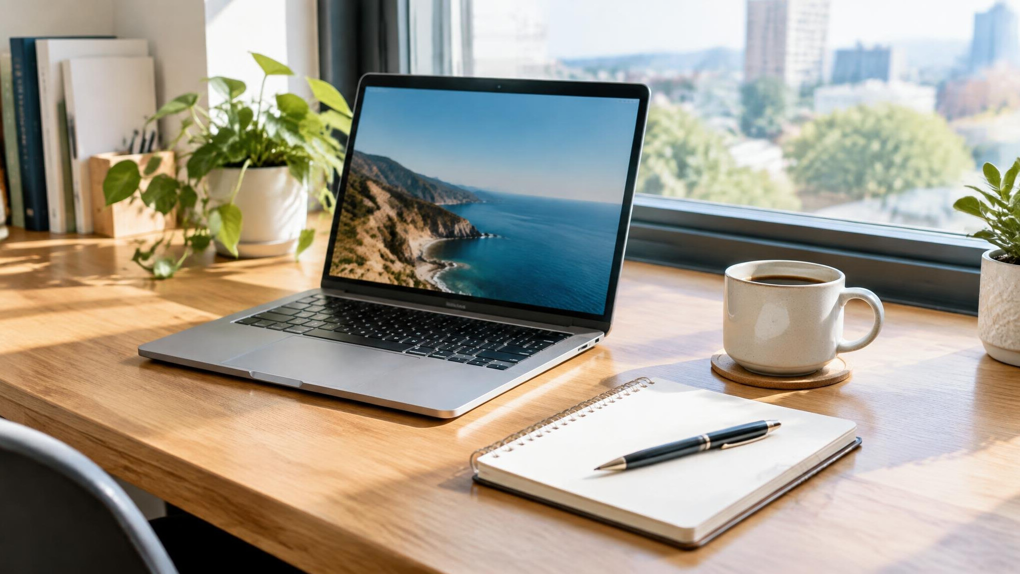 Bright modern workspace with a laptop and notebook